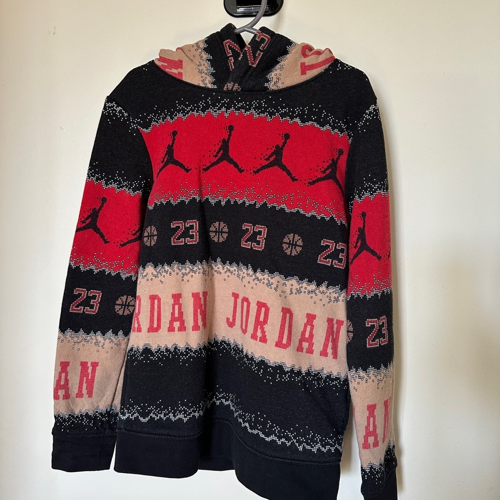 Jordan Kids Holiday Hoodie Sweater in Black, Red & Tan